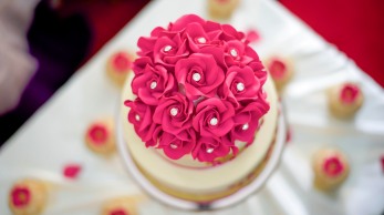 Wedding cake made with homemade sugar silver diamond studded roses